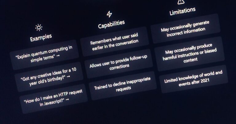 Screen listing an AI assistant's examples, capabilities and limitations, including that it can give incorrect answers